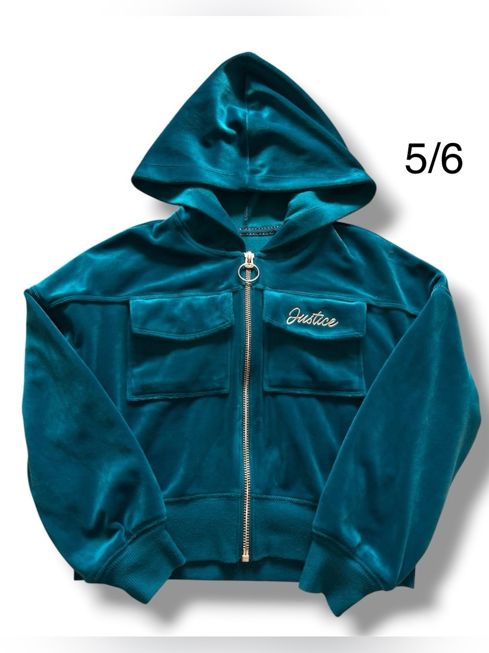 Justice Girls' Teal Velour Zip Hoodie Jacket - Size 5/6